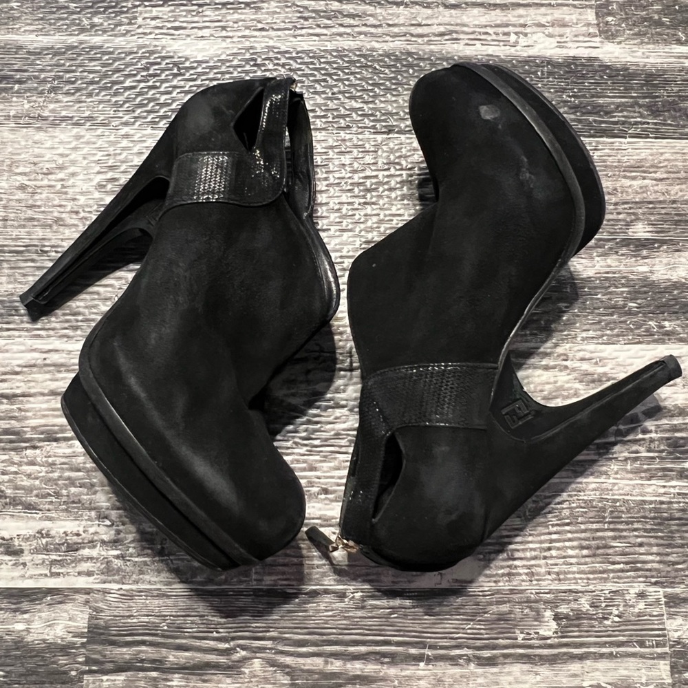 Fendi Heeled Black Suede Booties 5.5” Heels Cut Out Detail Zippered Back…
